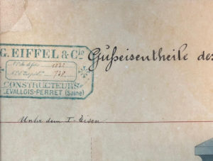 L'un des anciens documents des plans de la gare de Nyugati à Budapest tamponné par l'Atelier Eiffel.